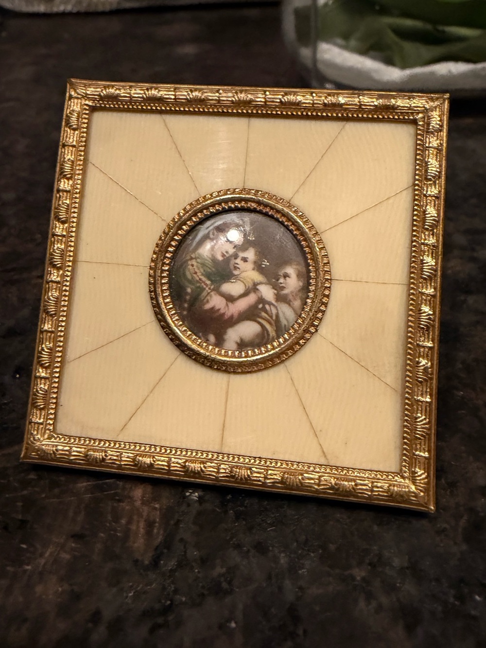 VTG Madonna della Sedia Raphael Miniature Gilt Brass Ivory Tone Picture Frame